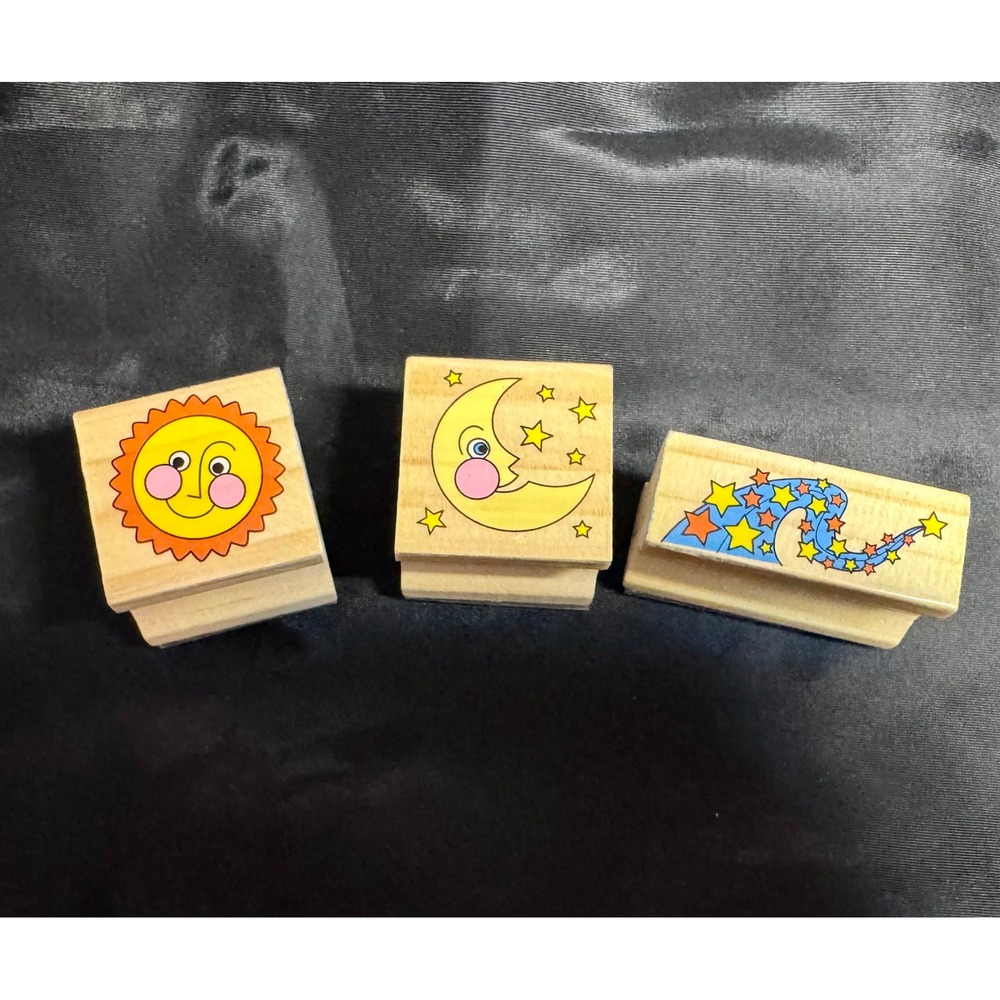 Vintage Style Wood Rubber Stamp 3pc Set Sun Moon Stars Paper Craft Galaxy Nostal
